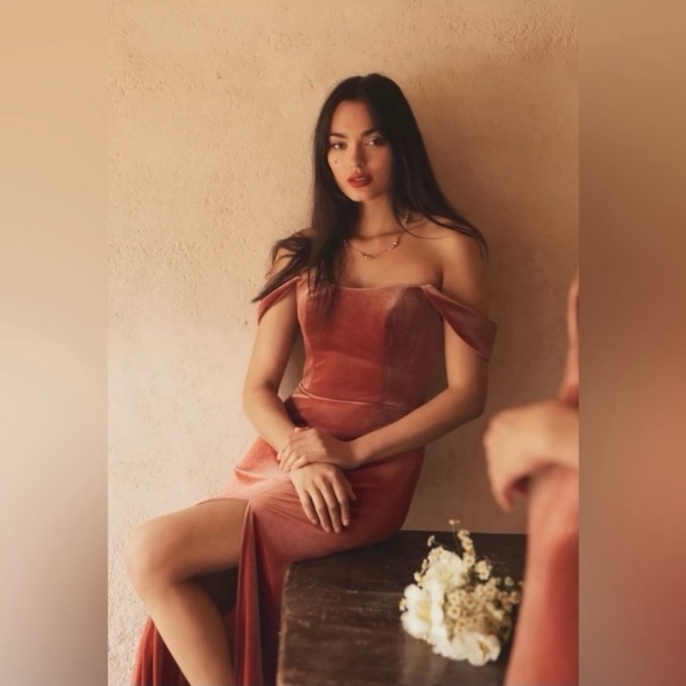 Jenny Yoo Issa Velvet Off The Shoulder Dress in English Rose